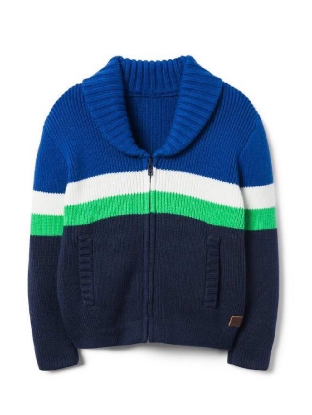 Janie and Jack Blue, Navy, White & Green Shawl-Collar Zip Cardigan